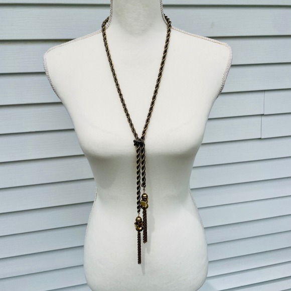 Chico's Jewelry - Chicos Twisted Rope Lariat Tassel Necklace Long Antique Gold Tone Opera Length